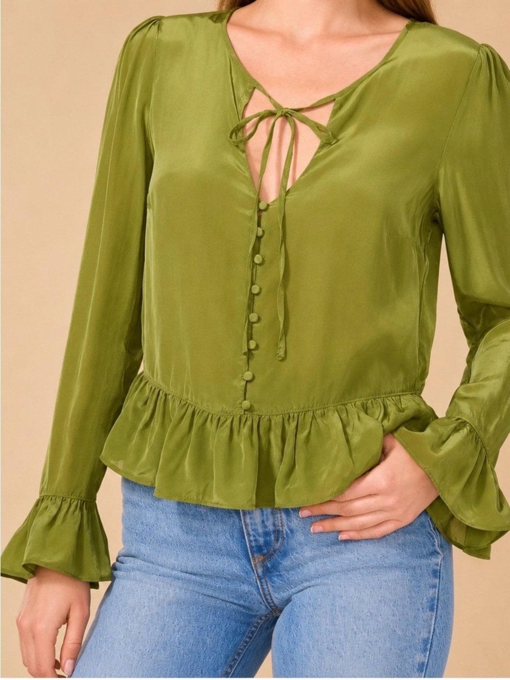 Parker Calliste Olive Green Tie-Neck Ruffle Hem Blouse Size XL New With Tag